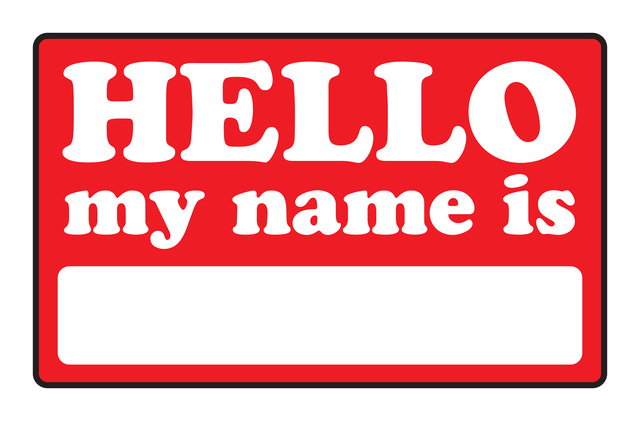 Blank name tags that say HELLO MY NAME IS.
